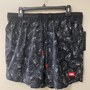 Karl Lagerfeld Paris Men's Ikonik Swim Trunks Board Shorts Black/Red NWT